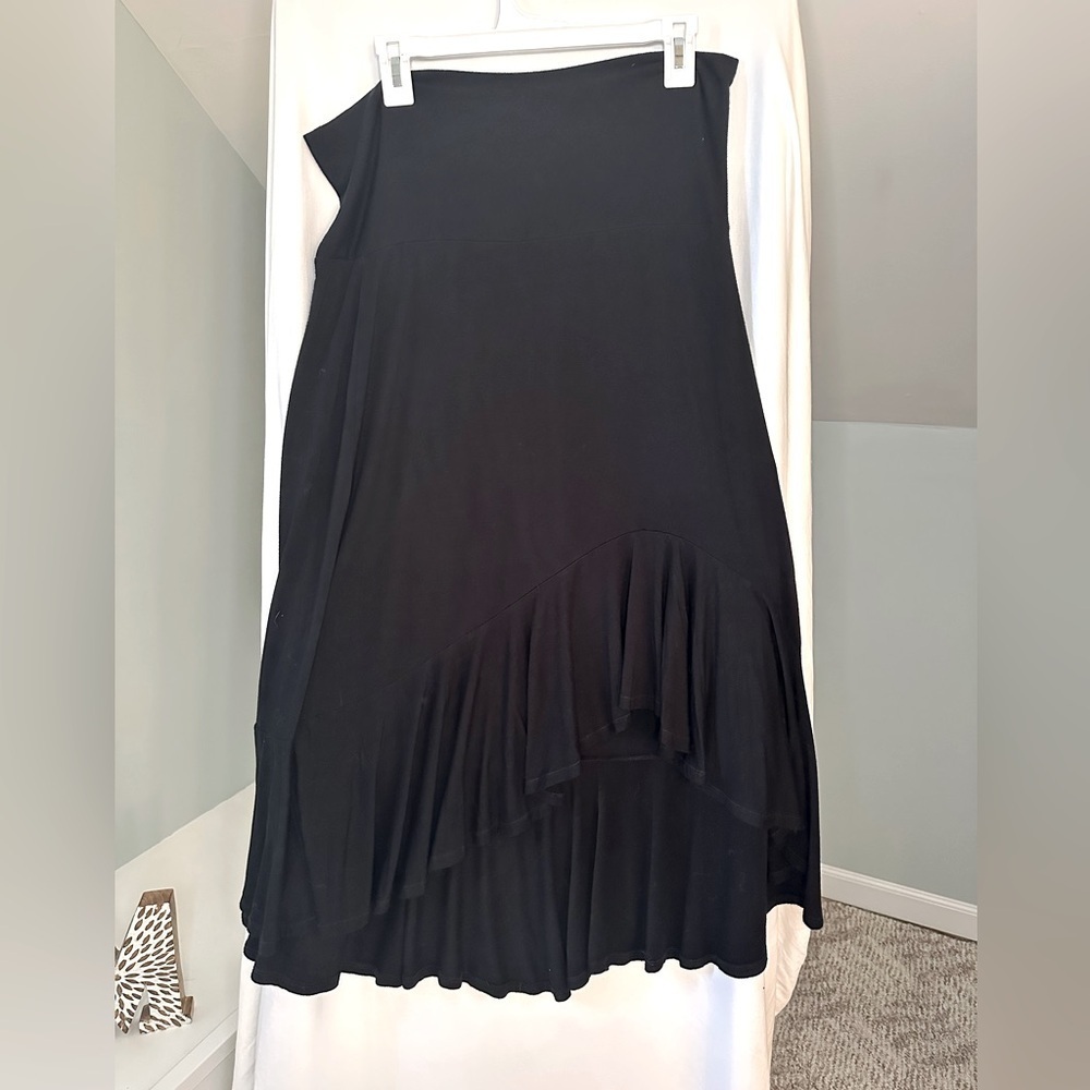 Green Dragon high waist long black skirt with front ruffle slit Size Large